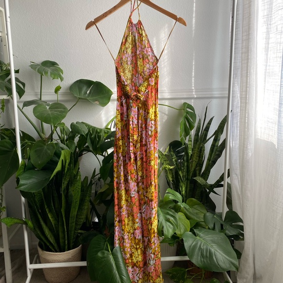 Billabong Retro Romance Halter Maxi Dress Small Moss Pink Mod 70s Floral - Picture 5 of 7